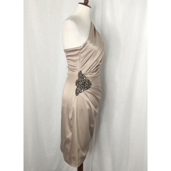 Eliza J One Shoulder Cocktail Dress 4 Jeweled Champagne Gold Party Satin - Picture 5 of 8